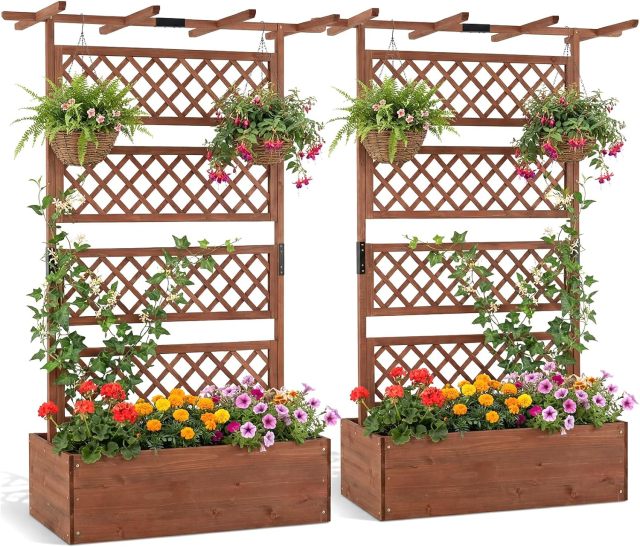 72" Wooden Raised Garden Planter with Trellis and Roof