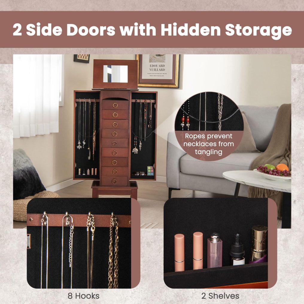Standing Jewelry Cabinet Wooden Jewelry Storage Chest with 9 Drawers