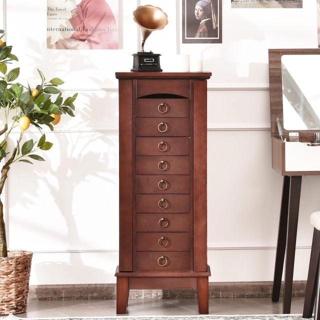 Standing Jewelry Cabinet Wooden Jewelry Storage Chest with 9 Drawers
