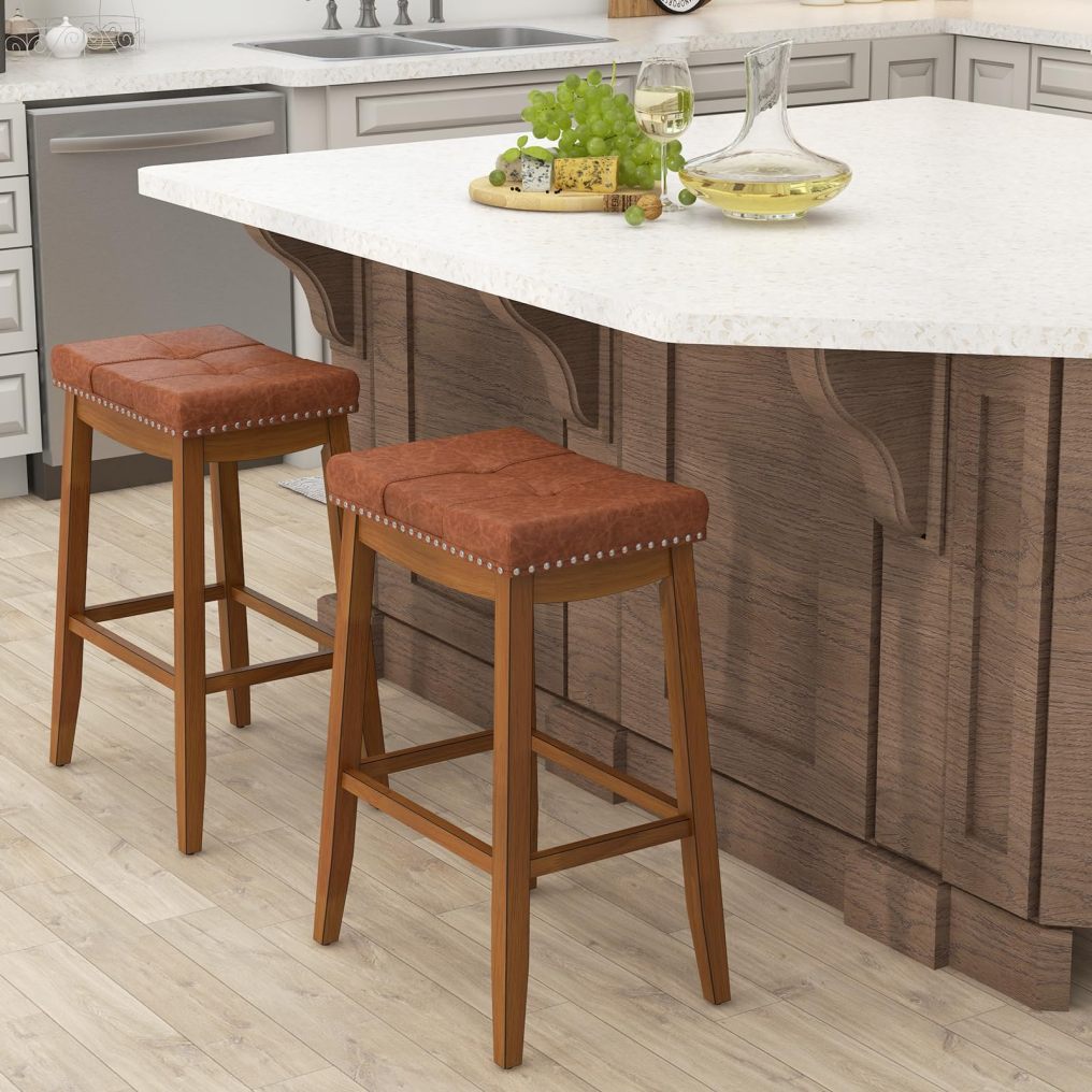 29-Inch Saddle Bar Stools w/PU Leather Seat, Solid Rubber Wood Frame