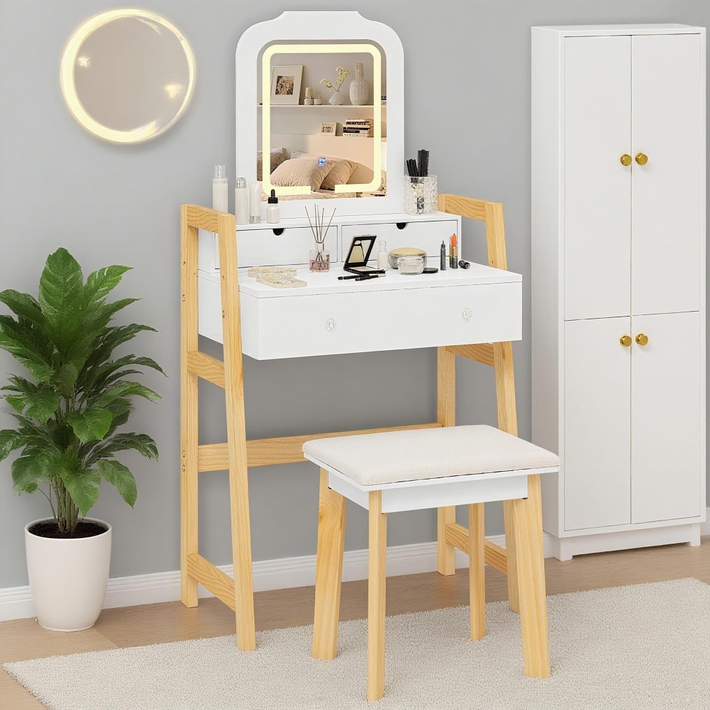 Vanity Desk with Mirror and Lights for Teens