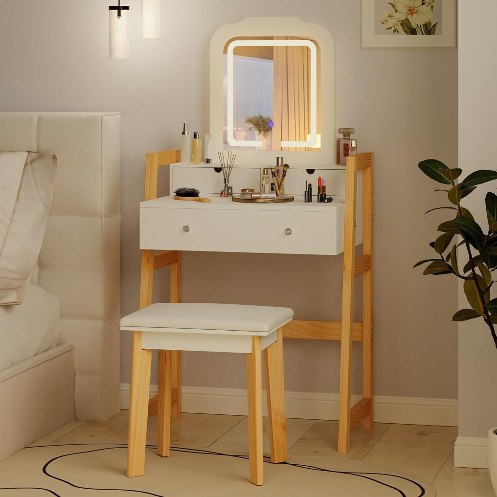 Vanity Desk with Mirror and Lights for Teens