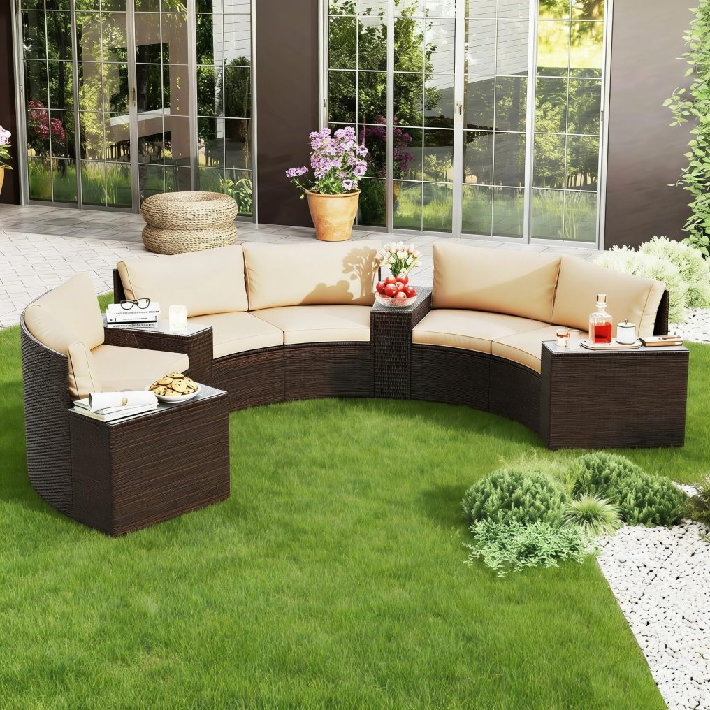 7 Pieces Patio Furniture Set Rattan Wicker Sectional Loveseat