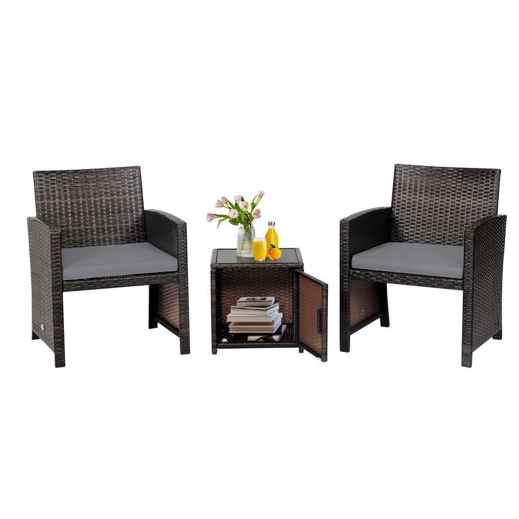 3 Pieces Patio Rattan Furniture Set with Side Storage Table for Backyard