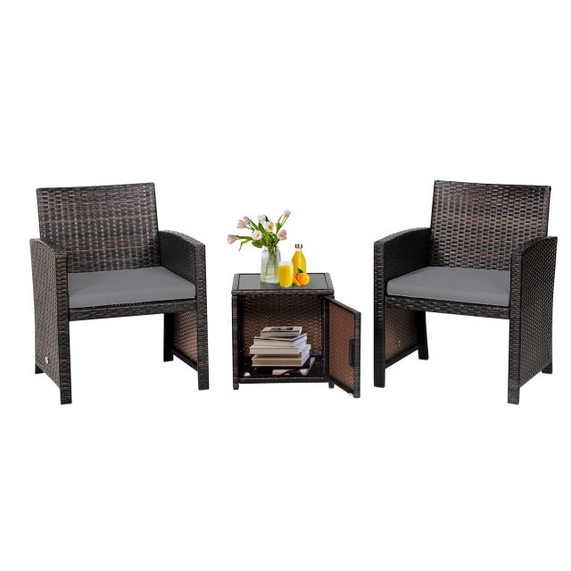 3 Pieces Patio Rattan Furniture Set with Side Storage Table for Backyard