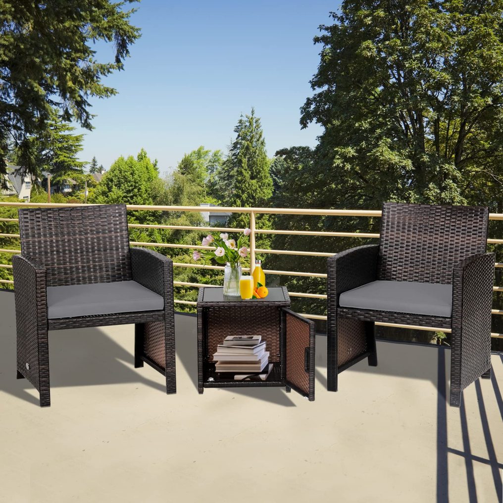 3 Pieces Patio Rattan Furniture Set with Side Storage Table for Backyard