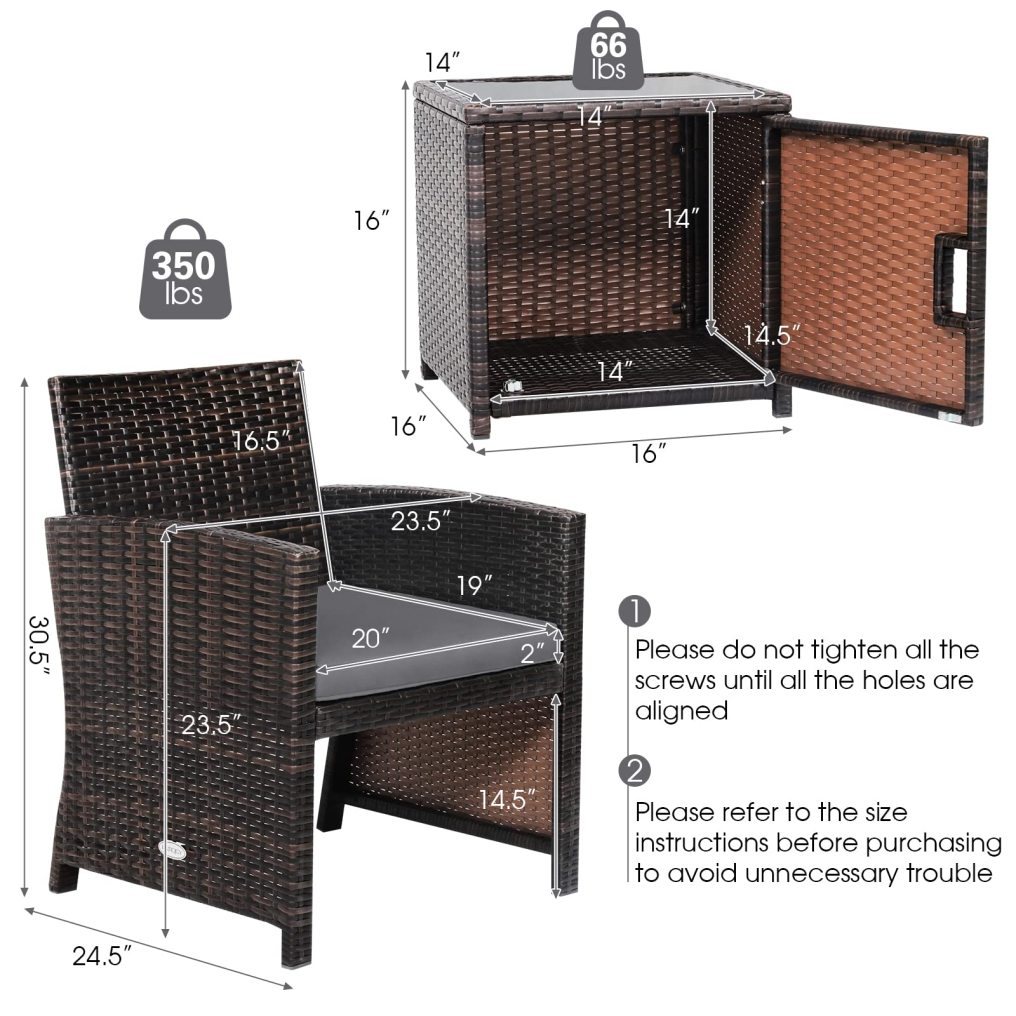 3 Pieces Patio Rattan Furniture Set with Side Storage Table for Backyard