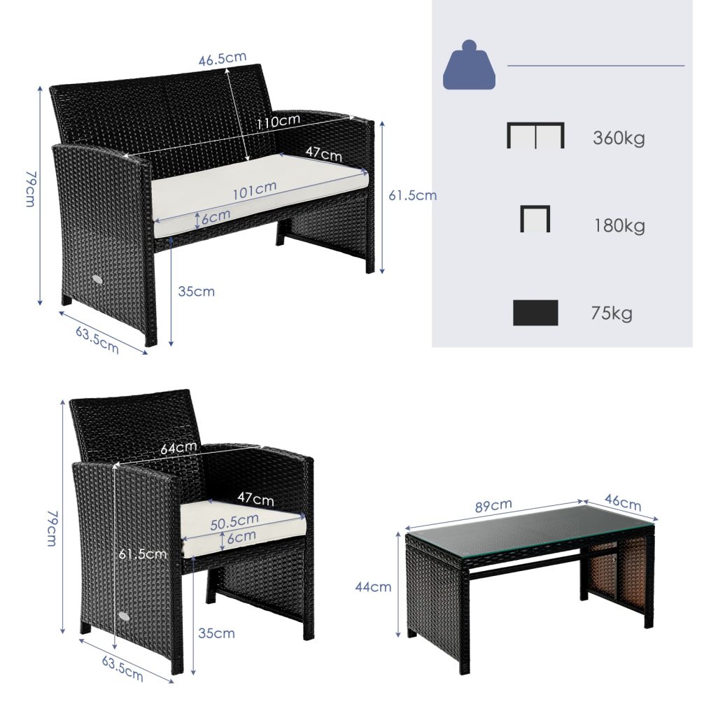 4/8 Piece Patio Furniture Set with Cushion and Coffee Table