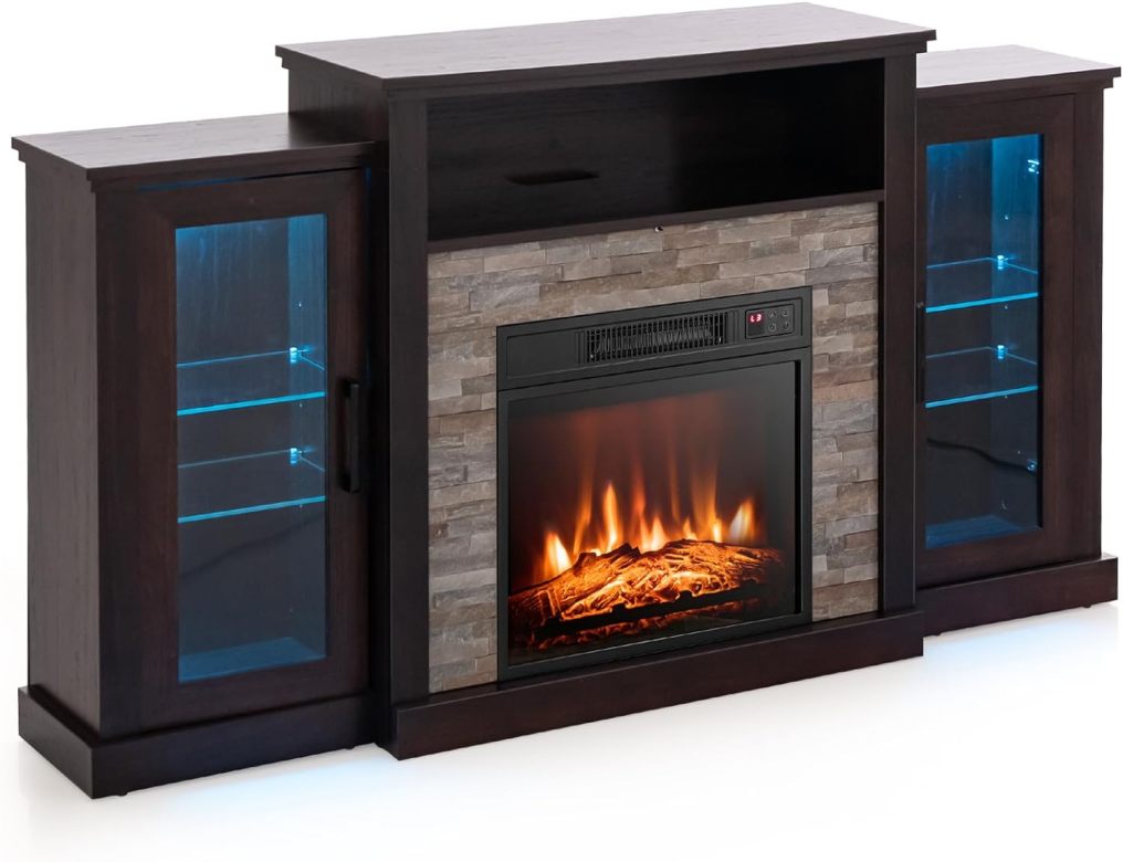 Fireplace TV Stand with LED Lights for TV up to 65”, Entertainment Center with 18” Electric Fireplace