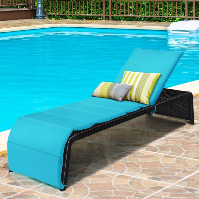 Patio Rattan Lounge Chair Cushioned Chaise Recliner Chair with Adjustable Back Garden Backyard Poolside Turquoise
