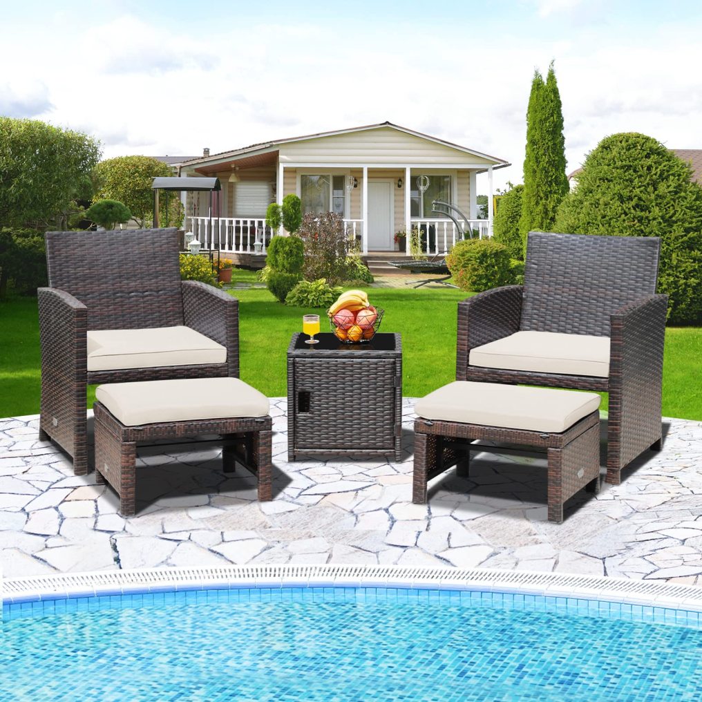 5PCS Patio Rattan Furniture Set with Ottomans and Side Table