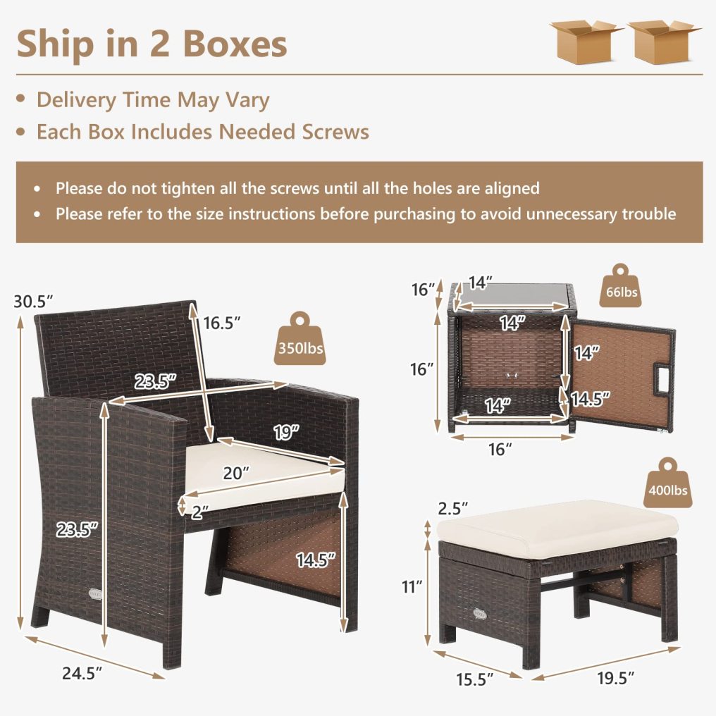 5PCS Patio Rattan Furniture Set with Ottomans and Side Table