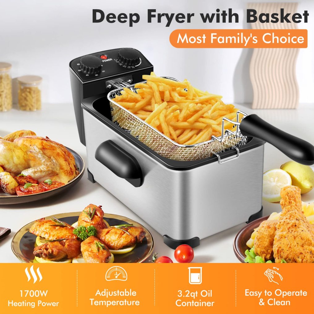 Deep Fryer with Basket, 3.2Qt Stainless Steel Electric Oil Fryer w/Adjustable Temperature, Timer