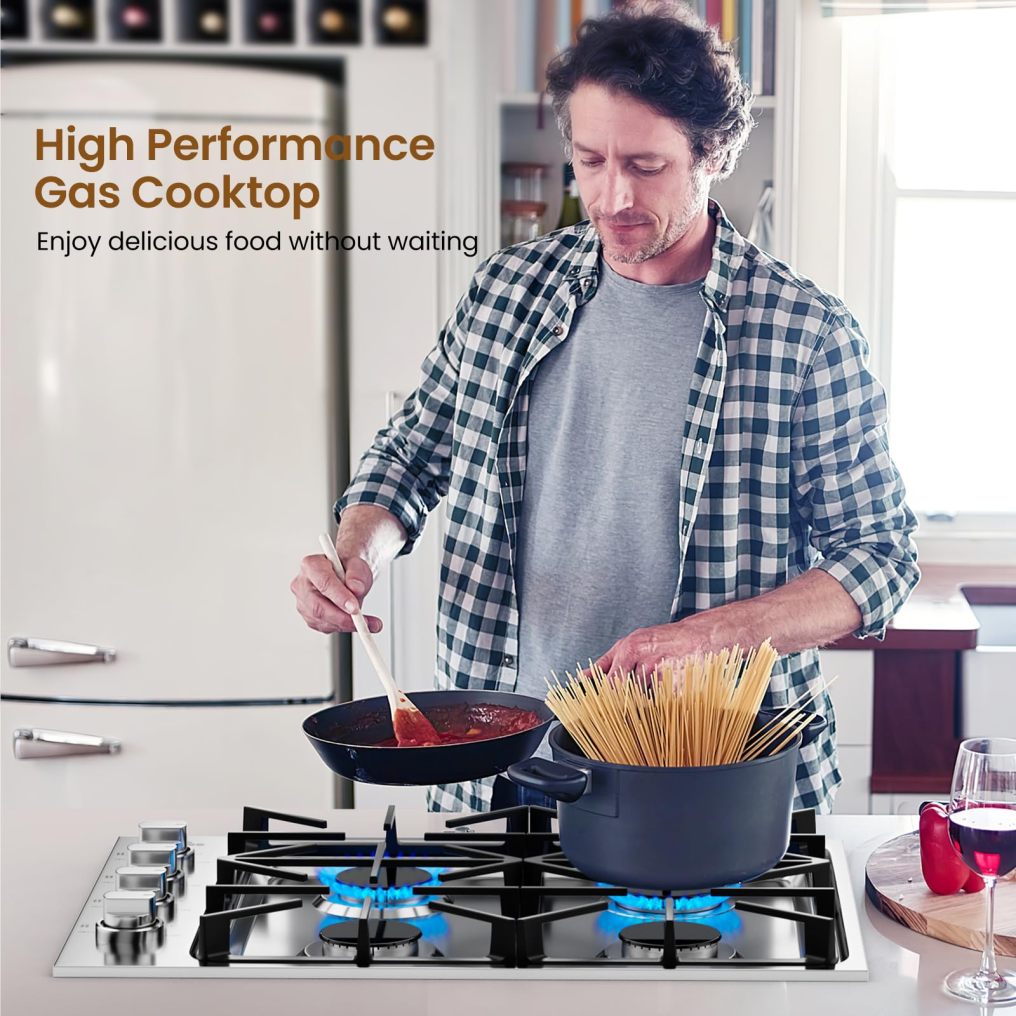 30-inch Gas Cooktop, Stainless Steel Gas Stove Top with 4 Burners, ABS Knobs and Cast Iron Grates