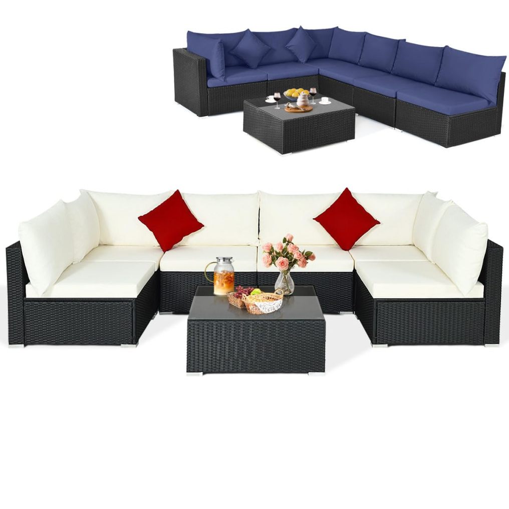 7 Pieces Sectional Wicker Furniture Sofa Set with Tempered Glass Top-Beige & Navy