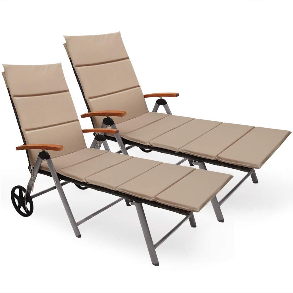 Folding Rattan Lounge with Wheels Aluminum Patio Lounger with 7 Adjustable Positions