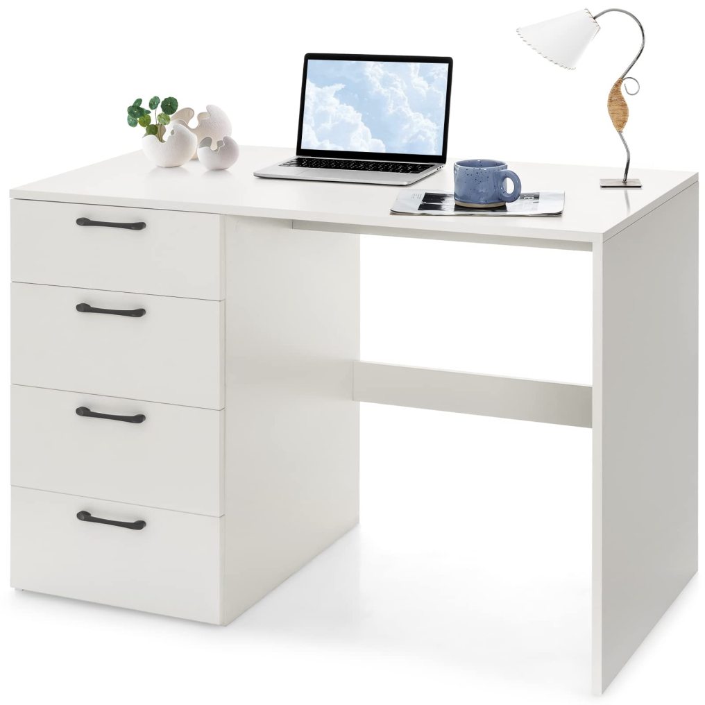 White Computer Desk with 4 Large Drawers Home Office PC Desk Workstation for Writing