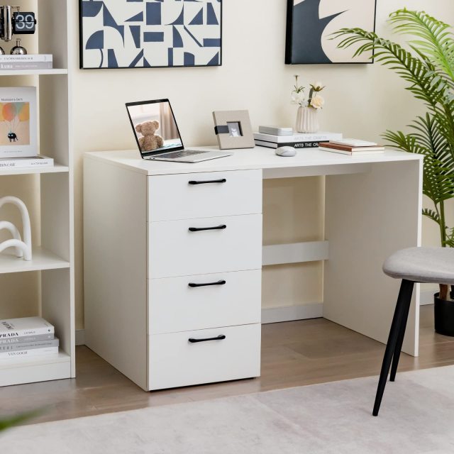 White Computer Desk with 4 Large Drawers Home Office PC Desk Workstation for Writing