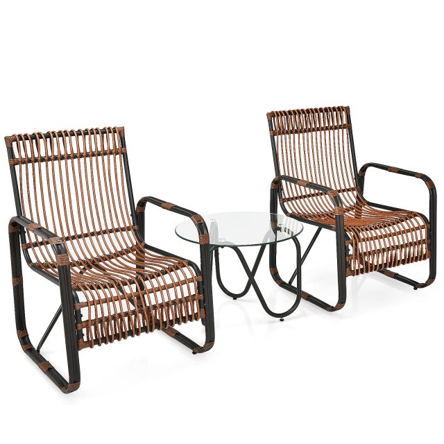 Outdoor Rattan Conversation Sofa Set with 2 Single Wicker Chairs and Tempered Glass Table