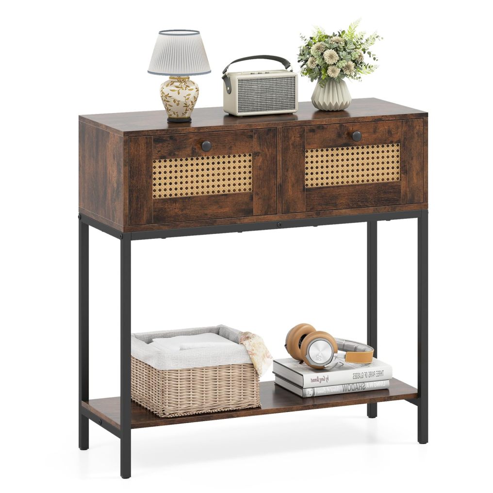 Boho Narrow Sofa Table with 2 Storage Drawers and Open Shelf