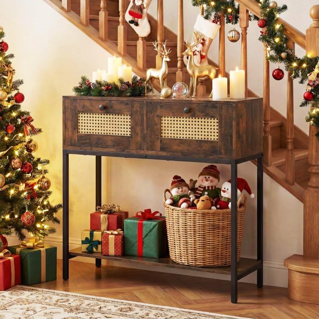 Boho Narrow Sofa Table with 2 Storage Drawers and Open Shelf