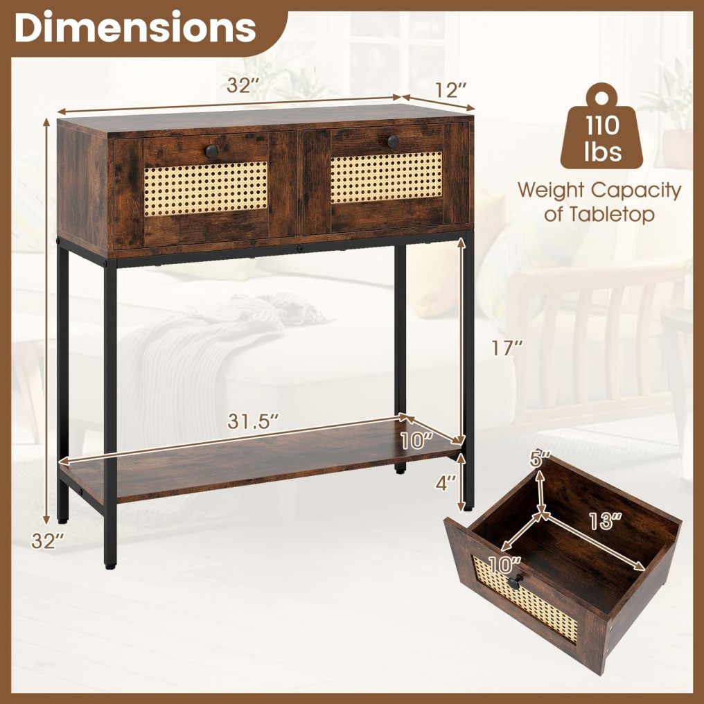 Boho Narrow Sofa Table with 2 Storage Drawers and Open Shelf