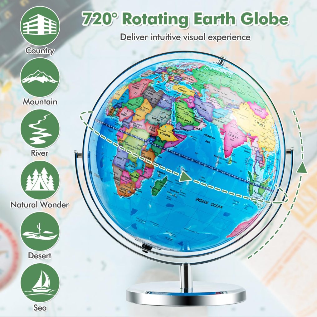 Illuminated World Globe 13” Desktop Geographic Globe w/LED Light & Easy-to-Read Clear Map for Students
