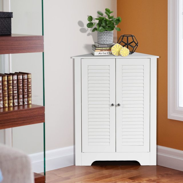Corner Storage Cabinet Freestanding Floor Cabinet Bathroom w/ Shutter Door