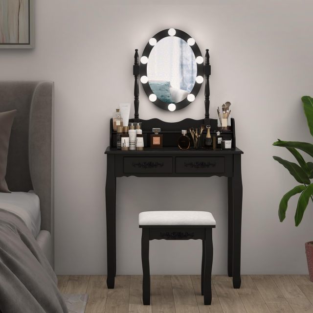 Vanity Desk with Lights 2-in-1 Makeup Table with 3 Modes Adjustable Lighted LED Mirror & Cushioned Stool