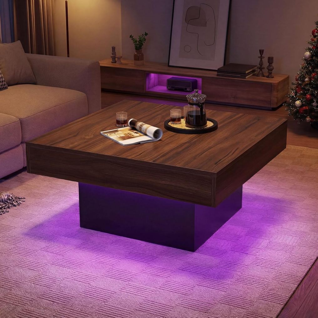 35.5" Wooden Square LED Coffee Table for Living Room