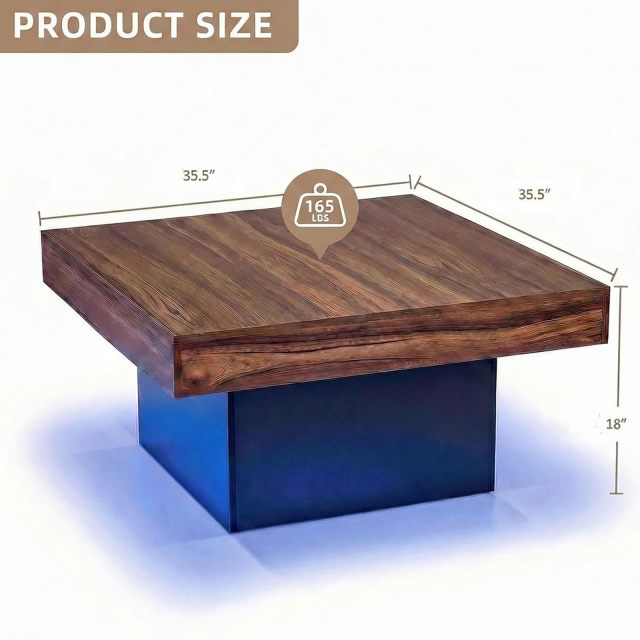 35.5" Wooden Square LED Coffee Table for Living Room