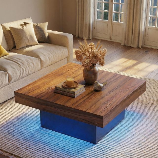 35.5" Wooden Square LED Coffee Table for Living Room