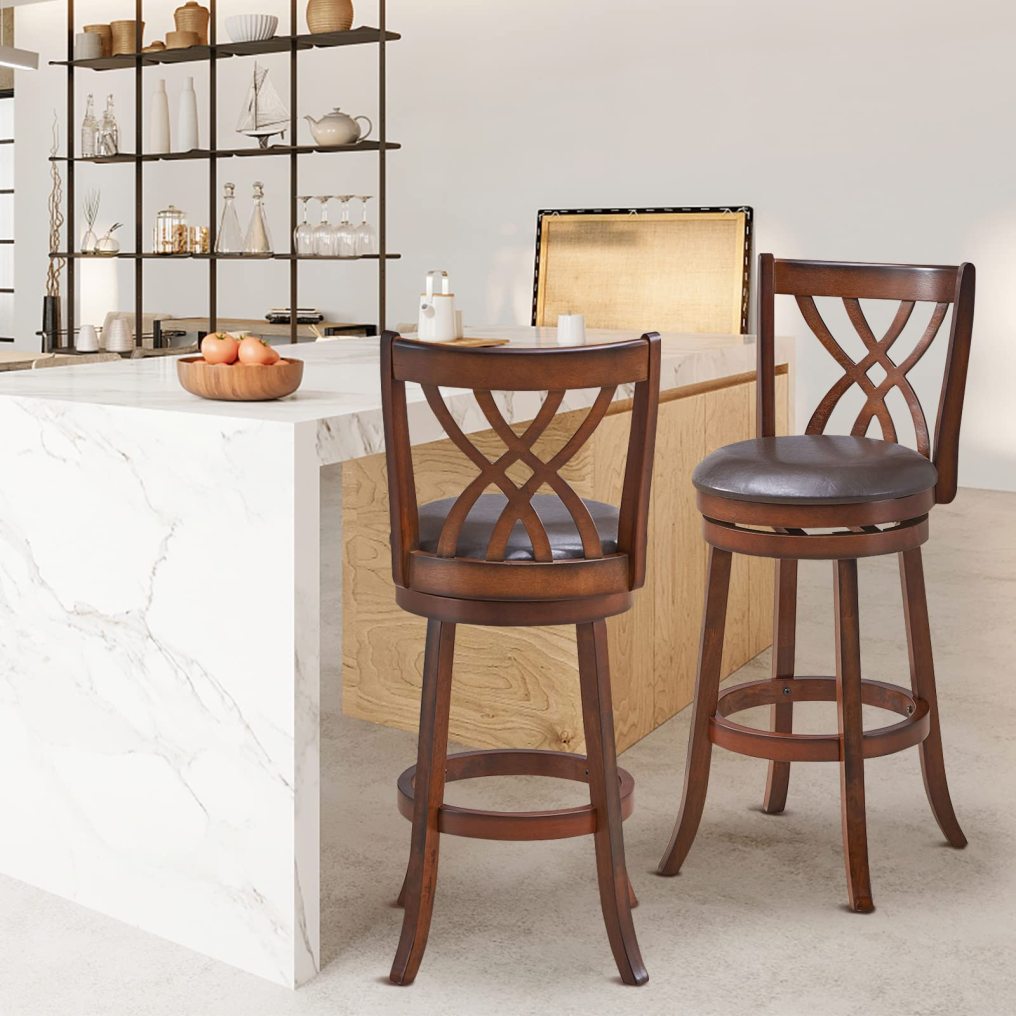 360° Swivel Chairs with Rubber Wood Frame PU Leather Cushioned Seat and Footrests Modern Barstools for Kitchen Island