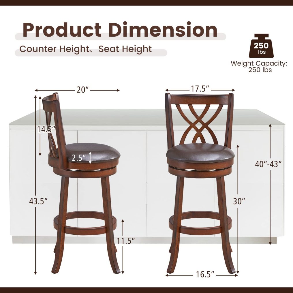 360° Swivel Chairs with Rubber Wood Frame PU Leather Cushioned Seat and Footrests Modern Barstools for Kitchen Island