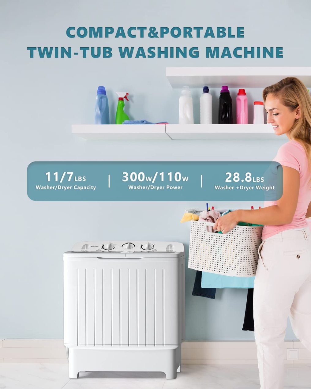 ARLIME Portable Washing Machine, 20lbs Mini Twin Tub Washing Machine w/Drain Pump, Semi Automatic 12lbs Compact Washer & 8lbs Sipnner