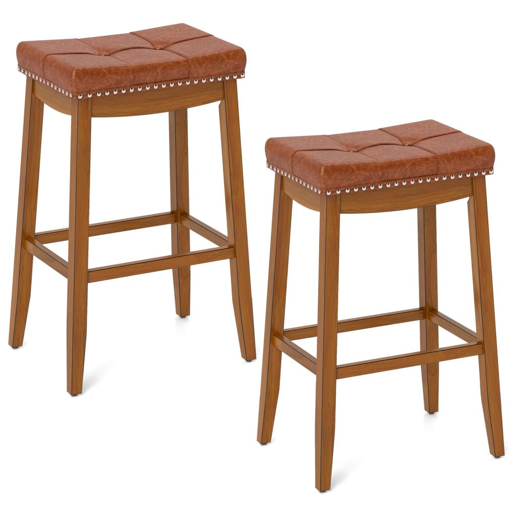 29-Inch Saddle Bar Stools w/PU Leather Seat, Solid Rubber Wood Frame