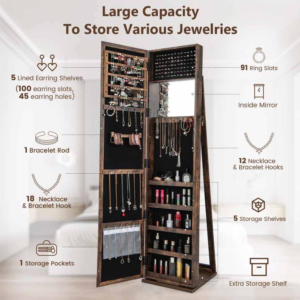 Standing Jewelry Armoire Cabinet Large Capacity Jewelry Organizer
