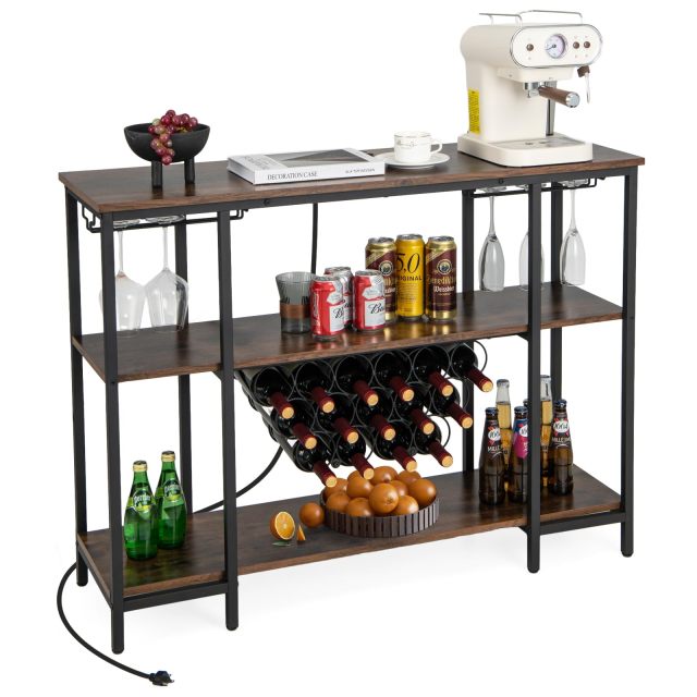 Wine Bar Cabinet 3-Tier Home Mini Bar for Liquor w/Power Outlets