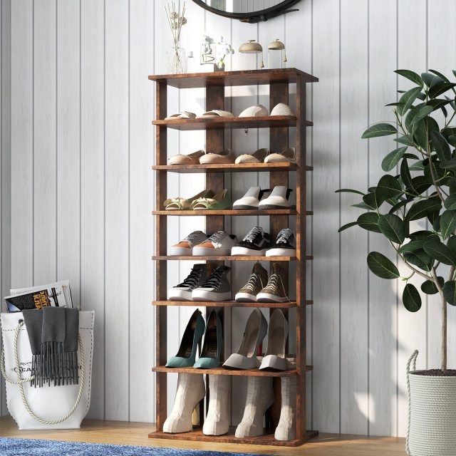 7 Tiers Shoe Rack Double Rows Vertical Tall Narrow Patented Shoe Organizer