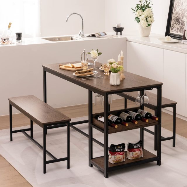 3-Piece Dining Table Set for 4 Rustic Pub Dining Table with 2 Benches