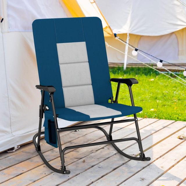Oversized Folding Rocking Camping Chair Padded Portable Outdoor Rocker with Side Pocket and Hard Armrests for Patio