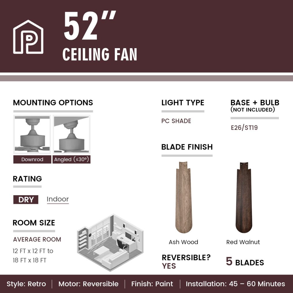 52 Inches Ceiling Fan with Remote Control, Indoor Ceiling Fan with 2 Downrods