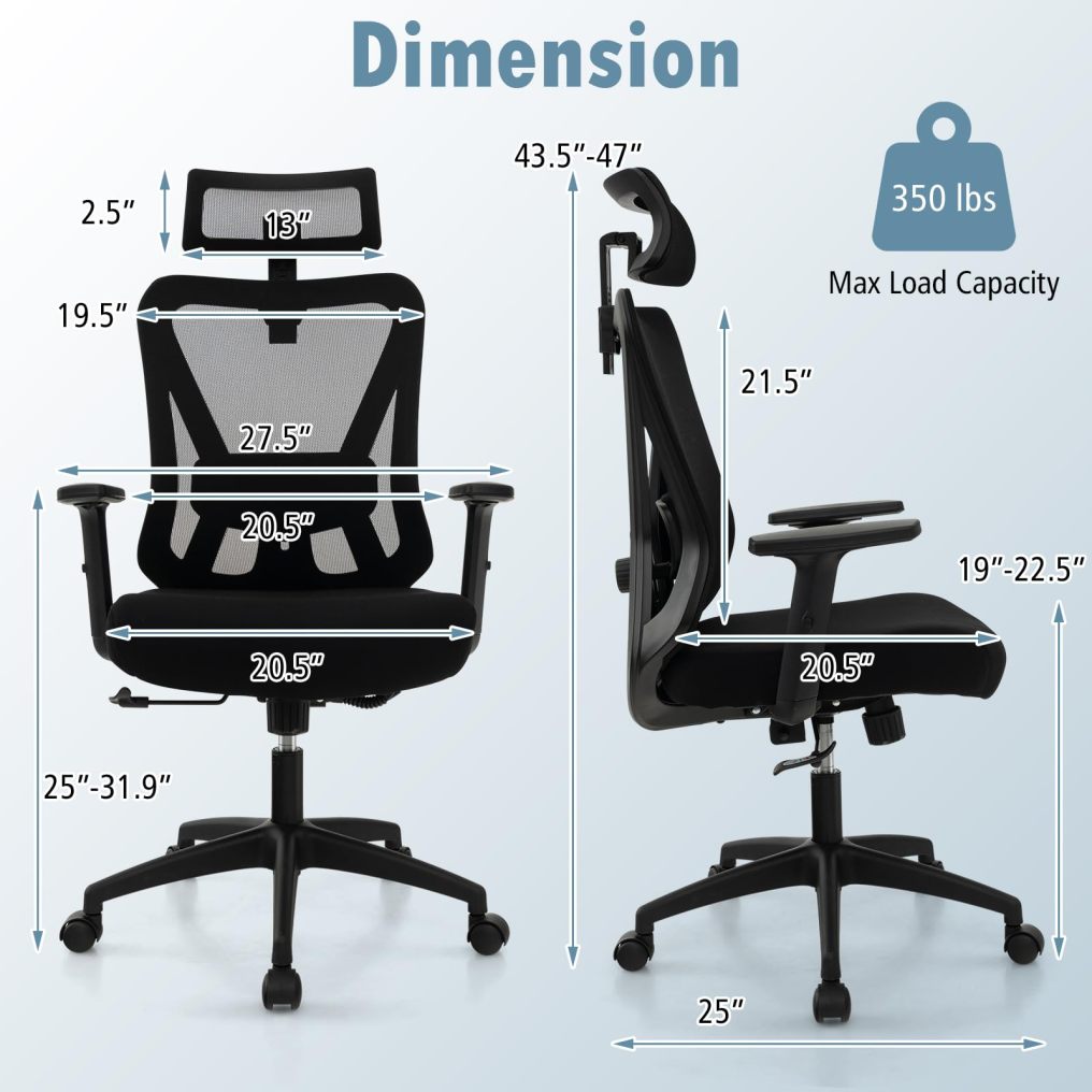 Mesh Ergonomic Office Chair Adjustable Swivel Task Chair with 90°-120° Reclining Backrest