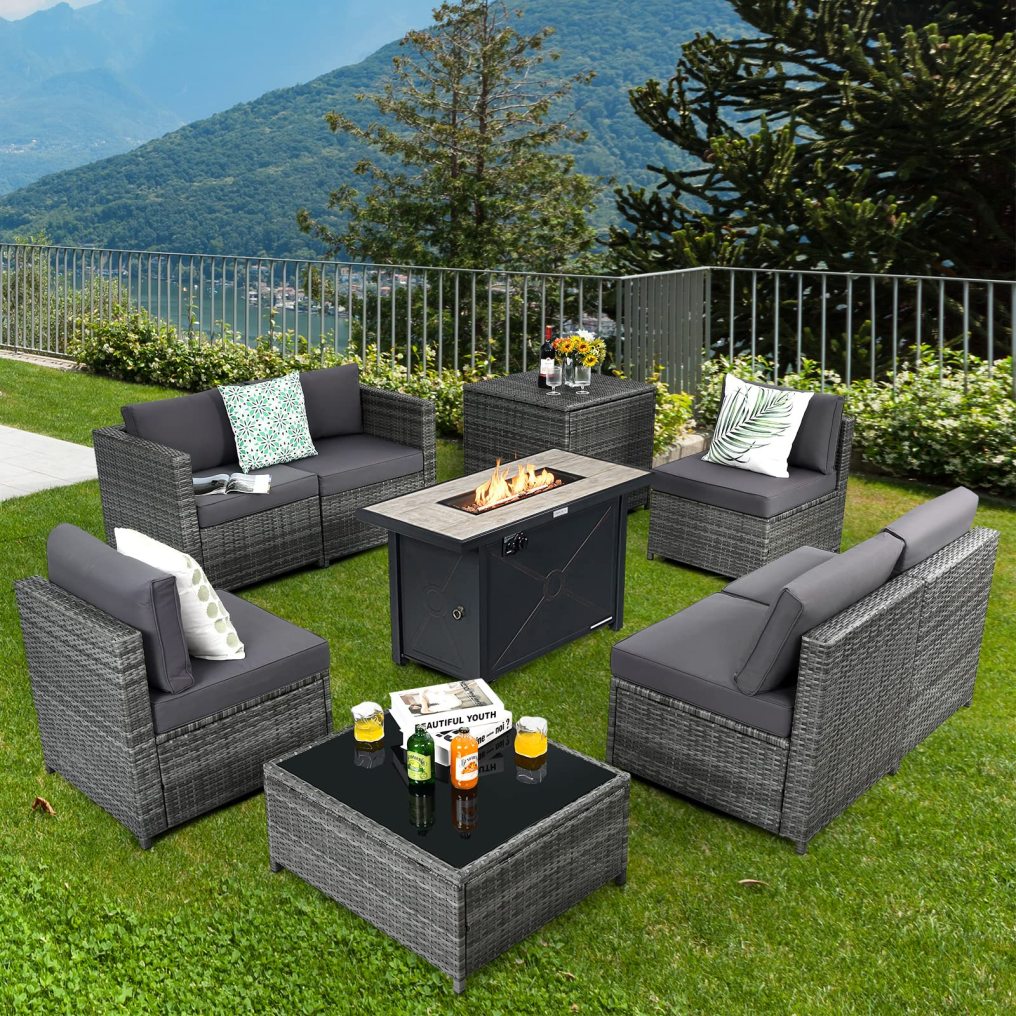 9 Piece Patio Furniture Set with 42'' Fire Pit Table for Poolside Backyard