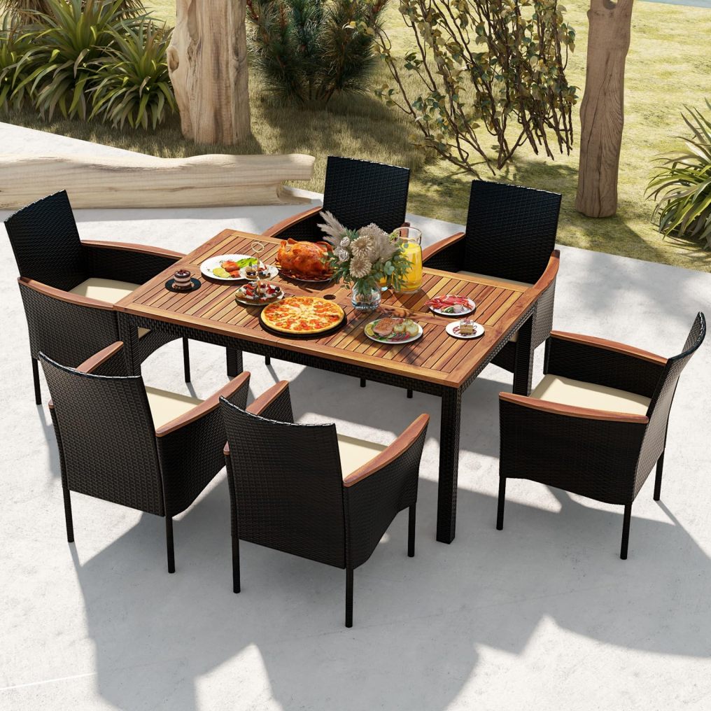7 Piece PE Rattan Wicker Patio Furniture Set with Wood Table & Cushioned Armchairs