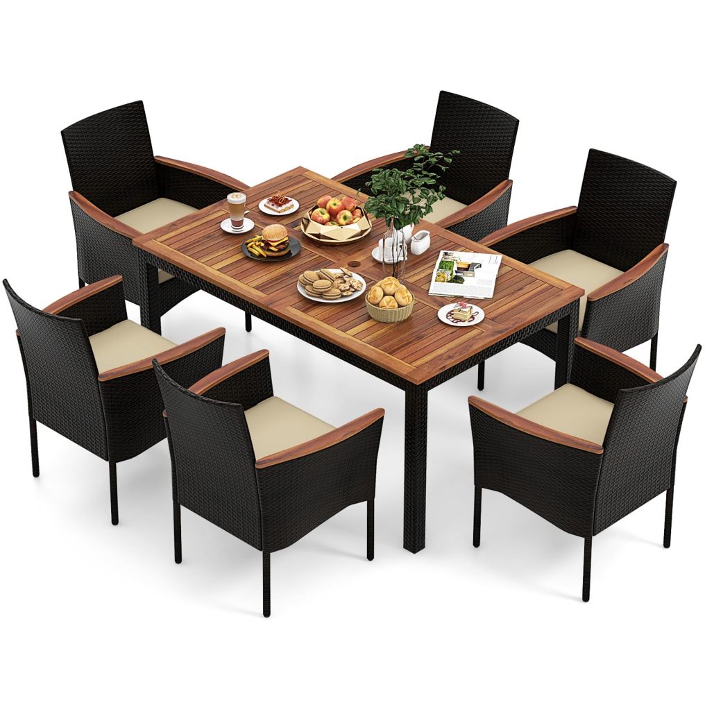 7 Piece PE Rattan Wicker Patio Furniture Set with Wood Table & Cushioned Armchairs