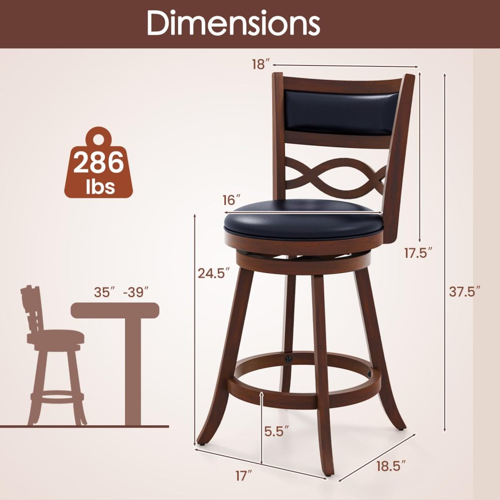 Bar Stools Set Counter Height Stools with Rubber Wood Frame Faux Leather Upholstered Seat and Backrest
