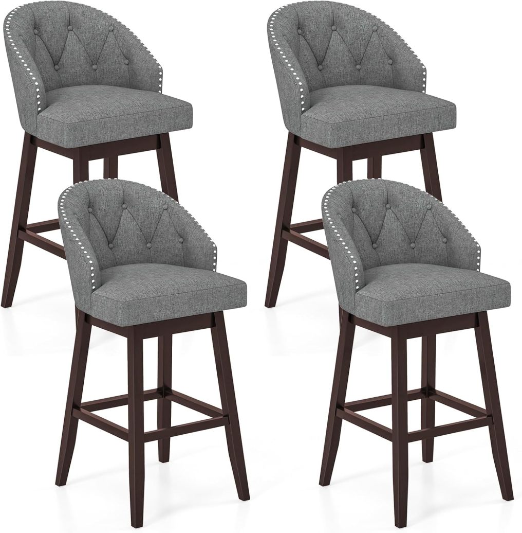 31" Bar Stools Set of 2 Swivel Bar Stools with Rubber Wood Legs & Padded Back