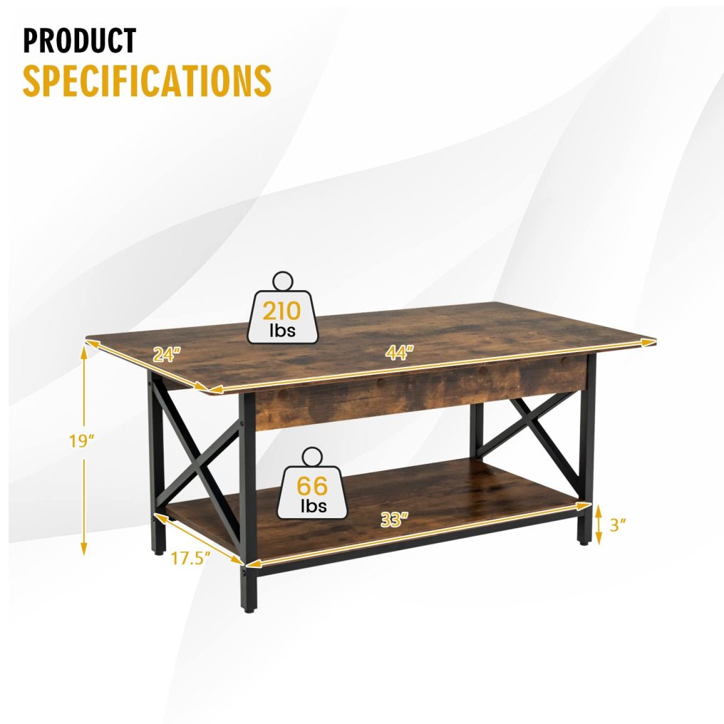 Industrial Coffee Table 2-Tier Wood Cocktail Tea Table with Storage Shelf and X-Shape Steel Frame