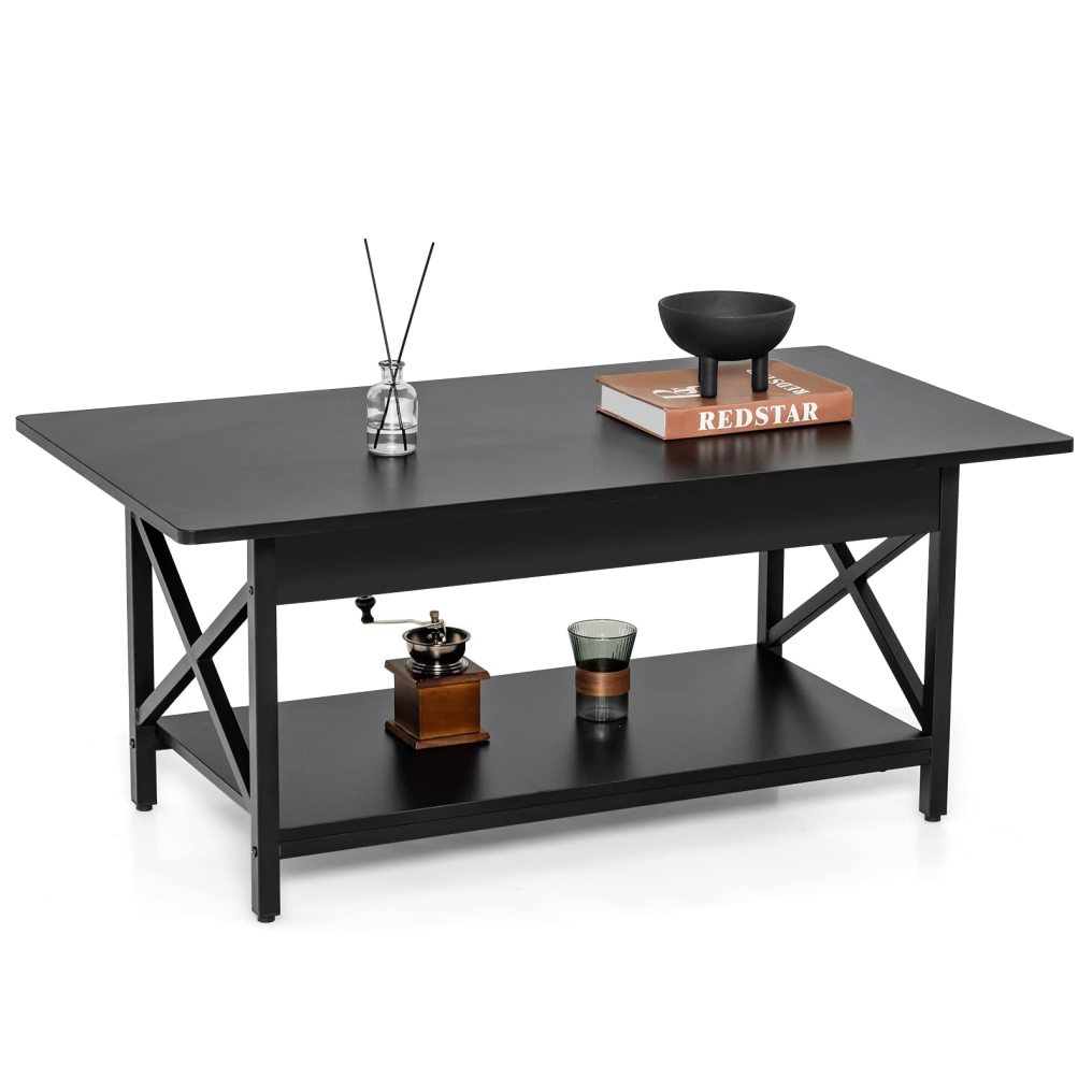 Industrial Coffee Table 2-Tier Wood Cocktail Tea Table with Storage Shelf and X-Shape Steel Frame